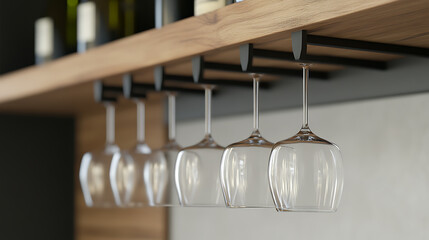 Elegant wine glasses hang upside down from a wooden bar shelf, creating a sophisticated and inviting atmosphere in a modern home or bar setting.