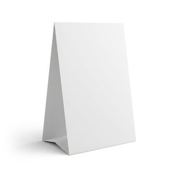 Blank white table tent card mockup isolated on white background perfect for restaurant menus or advertising displays