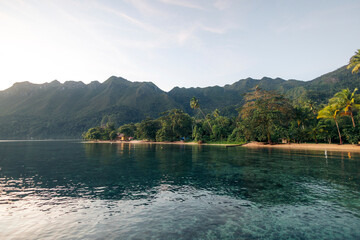 Scenic tropical beach with lush greenery and mountains reflecting in calm, clear water. Saleman Village, Seram Island, Maluku, Indonesia