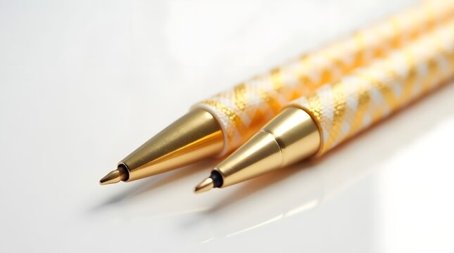 Elegant gold and white patterned pens, perfect for a sophisticated workspace or writing experience.