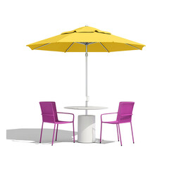 Yellow umbrella with two purple chairs and table isolated on a transparent background