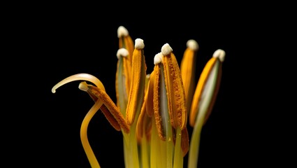 Close up of a blooming flower stamen and pistil against a dark background