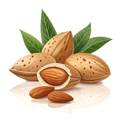 Almonds with leaves watercolor illustration of healthy snack isolated on white background