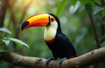 Naklejka premium The toucan bird sits on a tree branch in a rainforest. The colorful bird has a large beak with bright features. Green leaves and bokeh create jungle eco background.