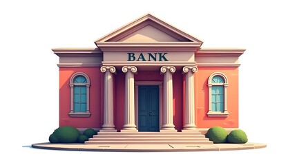 A colorful, whimsical illustration of a traditional bank building featuring columns and decorative windows.