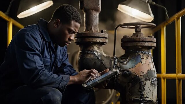 Technician inspects industrial valve with tablet. Technician performs inspection and repair on pipe using wrench. Maintenance in factory documents valve condition. Maintenance logged for safety now.