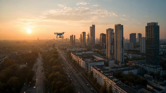Aerial drone flight over bustling city skyline at golden hour sunset with modern skyscrapers and