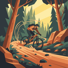 Fototapeta premium Mountain Biking Adventurevector flat illustration of mountain biker descending forest trail
