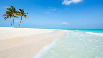 Idyllic tropical beach with white sand palm trees and turquoise ocean water