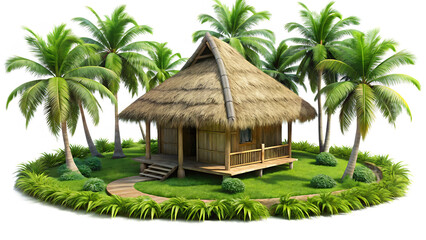 A 3D small hut with a thatched coconut roof, surrounded by lush green moss and miniature palm trees a white background and Transparent Background