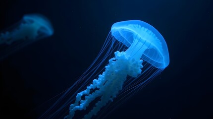Graceful blue jellyfish gliding through the deep sea, showcasing their delicate tentacles and bioluminescence.