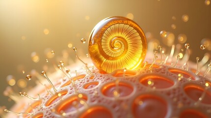 Close-up view of a golden snail shell resting on a vibrant cellular structure, symbolizing nature's beauty and intricacy.