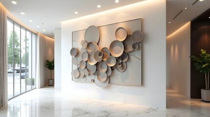 Contemporary art installation showcasing circular forms in a modern, well-lit interior space.