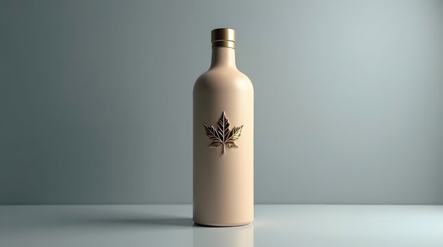 Elegant beige bottle with a metallic leaf emblem, set against a soft, textured background.