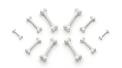 Array of white dog bones arranged in a playful pattern on a light background.