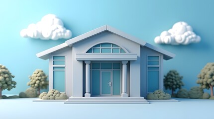 A stylized 3D illustration of a modern house with a clear blue sky and fluffy clouds in the background.