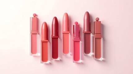 An artistic arrangement of various lipsticks in shades of pink and red on a soft pink background.