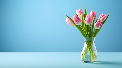 Soft pink tulips in a clear glass vase on a blue background