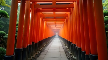 A serene pathway lined with vibrant orange torii gates in a tranquil Japanese garden.