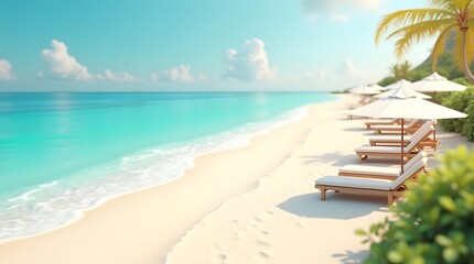 Serene beach scene with lounge chairs and umbrellas, inviting relaxation in paradise.