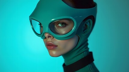 Female model with striking features, wearing a futuristic teal outfit and goggles against a blue background.