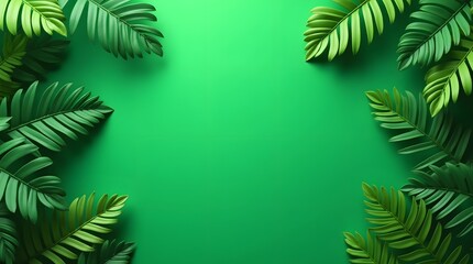 Vibrant green palm leaves creating a lush, tropical backdrop on a solid green surface.
