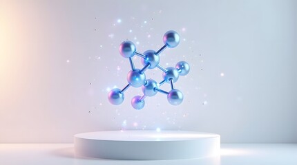 A 3D molecular structure with metallic spheres and glowing particles, showcasing creativity and scientific innovation.