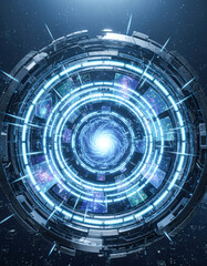 Obraz premium A futuristic portal with glowing, spiraling lights and a cosmic background, suggesting a gateway to another dimension or universe.