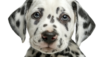 An adorable Dalmatian puppy sits on white background with cute spotted fur expression perfect for pet portrait animal photography and advertising design
