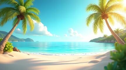 A serene tropical beach with palm trees under a bright blue sky, evoking a sense of peace and relaxation.