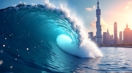 A vibrant blue ocean wave crashing near a modern skyline, showcasing nature's power and urban beauty.