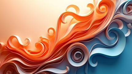 An abstract wave pattern of swirling orange and blue shapes creates a vibrant, dynamic atmosphere.