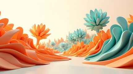 A vibrant landscape of stylized flowers and waves in orange and turquoise hues, creating a surreal and whimsical scene.