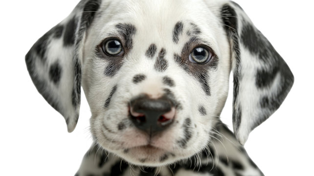 An adorable Dalmatian puppy sits on white background with cute spotted fur expression perfect for pet portrait animal photography and advertising design
