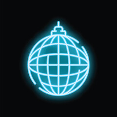 Neon blue disco ball glowing on a black background, evoking the 70s and 80s party atmosphere