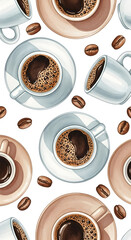Obraz premium Seamless pattern with watercolor coffee cups and beans