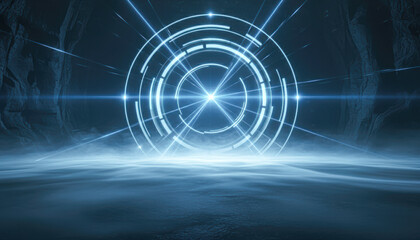 Obraz premium A futuristic portal emits glowing light in a misty, dark environment, creating a mysterious and captivating atmosphere.