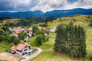 Aerial view of Madzhare village and the Rila Mountains, Bulgaria