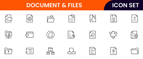 Document files vector web line icon collection, sleek illustrations of files, folders, archives, digital tools for organized, efficient designs.