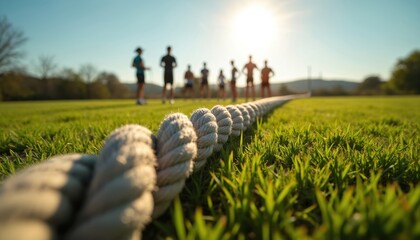 Thick rope lies on green grass. Silhouettes of athletes are visible in background. Sun shines brightly on clear day. They are ready for fitness training session.