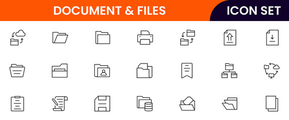 Document files vector web line icon collection, sleek illustrations of files, folders, archives, digital tools for organized, efficient designs.