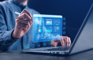 A data analyst using a stylus on a digital Big Data analytics dashboard showing charts, graphs, and SQL query results in real time. Perfect for business intelligence, data science, and IT technology.