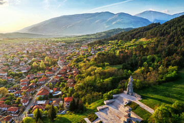 Aerial panorama of Kalofer with the Hristo Botev monument and mountains