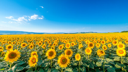 Fototapeta premium Endless sunflower field under a bright blue sky with scattered clouds, ai generated image