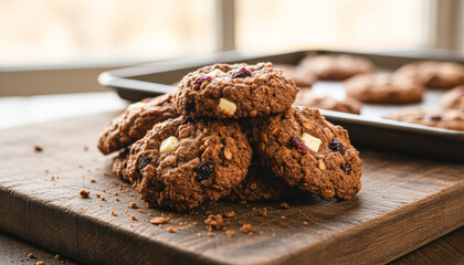 Fototapeta premium A stack of delicious cookies with chocolate chips and oats, resting on a wooden surface beside a baking tray.
