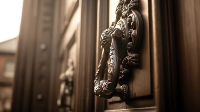 Ornate Door Knocker on Antique Wooden Door