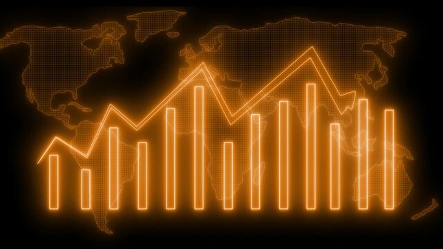 Rising Business Bar Graph with Neon Glow, Global Financial Trends Visualization