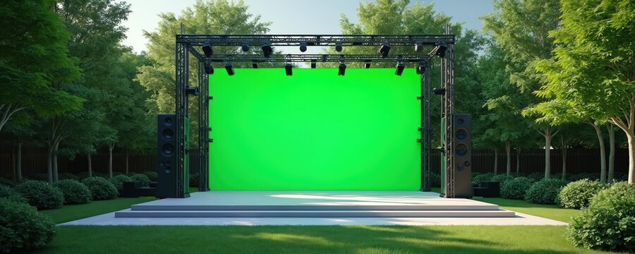 Modern stage setup in rich garden features green screen backdrop, lighting system. Metal rigging supports speakers, panels creating professional concert environment. Outdoor venue offers versatile