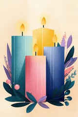 minimalist flat illustration, Advent wreath with 4 burning colorful candles decorated with leaves and berries, light beige background, holiday countdown calendar, church event announcement, Christmas.