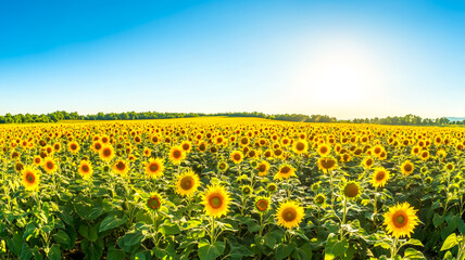 Obraz premium Panorama of a sunflower field under a clear blue sky on a sunny day , ai generated image